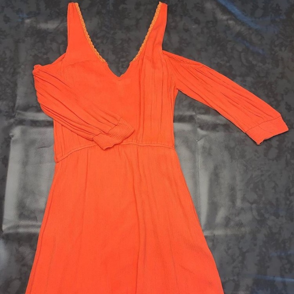 orange off the shoulder mini dress